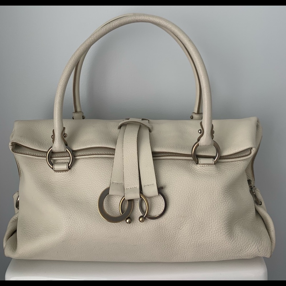 Salvatore Ferragamo White Pebbled Leather Handbag With Original Dustbag